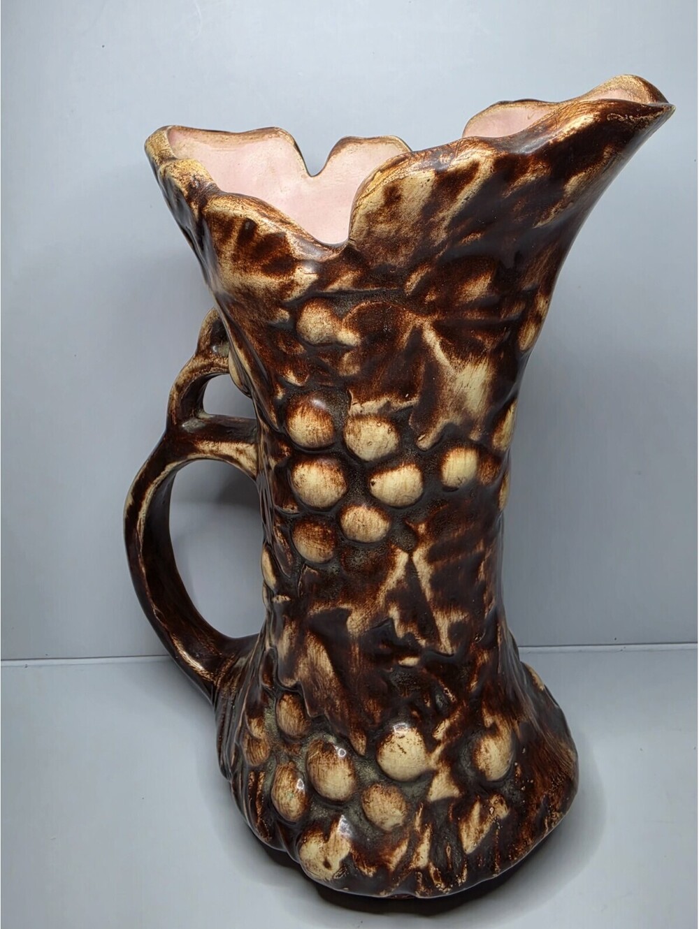 Vintage 1967 Drip Glazed Grape Pitcher Ewer Signed EG Art Pottery 9"x6"